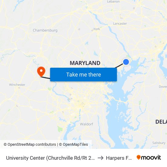 University Center (Churchville Rd/Rt 22 & Technology Dr) to Harpers Ferry, WV map