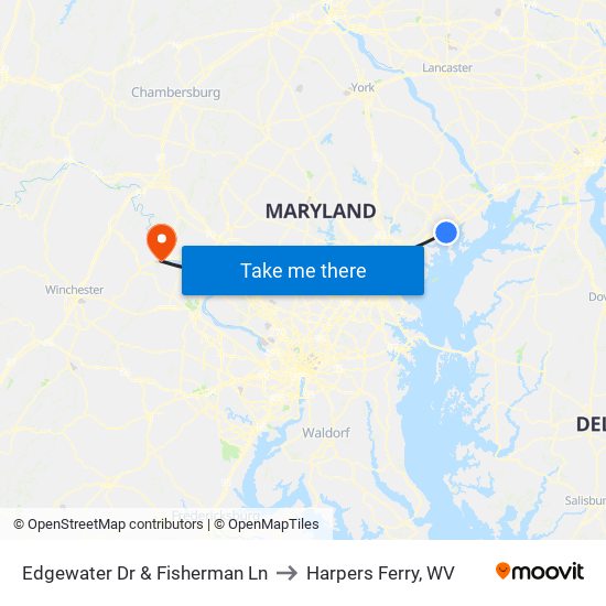 Edgewater Dr & Fisherman Ln to Harpers Ferry, WV map