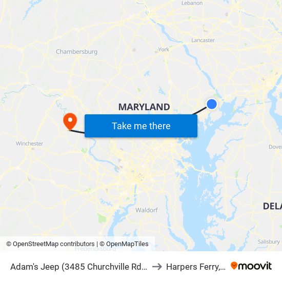 Adam's Jeep (3485 Churchville Rd/Rt 22) to Harpers Ferry, WV map