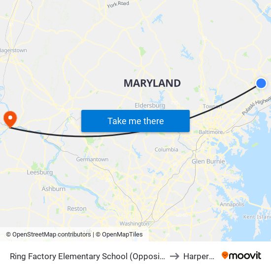 Ring Factory Elementary School (Opposite Emmorton Rd/Rt 924 & Lexington Rd) to Harpers Ferry, WV map