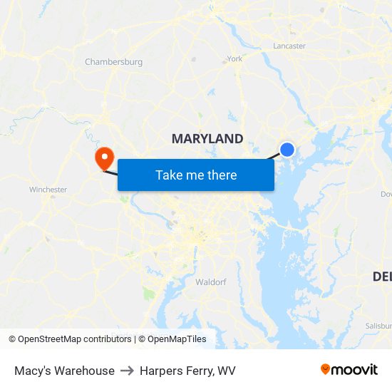 Macy's Warehouse to Harpers Ferry, WV map