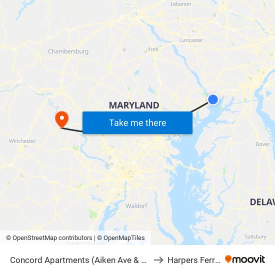 Concord Apartments (Aiken Ave & Concord Dr) to Harpers Ferry, WV map