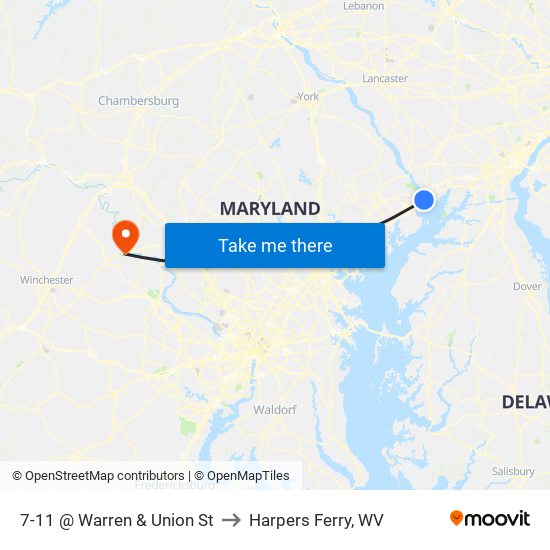 7-11 @ Warren & Union St to Harpers Ferry, WV map