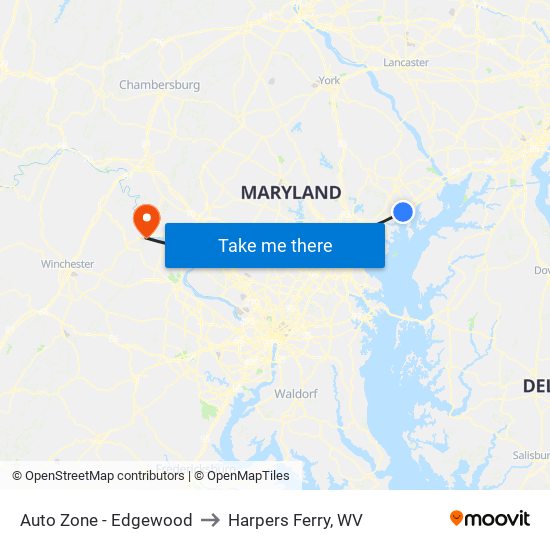 Auto Zone - Edgewood to Harpers Ferry, WV map