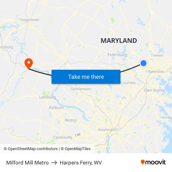 Milford Mill Metro to Harpers Ferry, WV map