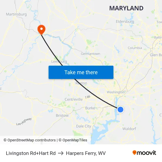 Livingston Rd+Hart Rd to Harpers Ferry, WV map