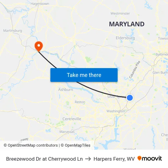 Breezewood Dr at Cherrywood Ln to Harpers Ferry, WV map