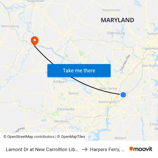 Lamont Dr at New Carrollton Library to Harpers Ferry, WV map