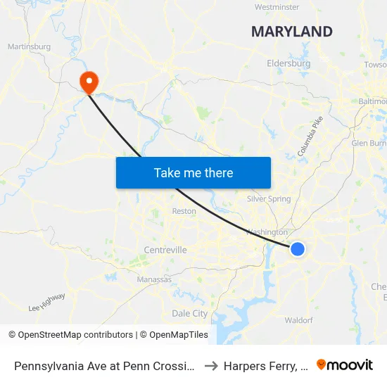 Pennsylvania Ave at Penn Crossing Dr to Harpers Ferry, WV map