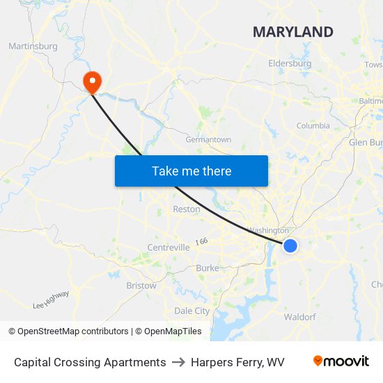 Capital Crossing Apartments to Harpers Ferry, WV map