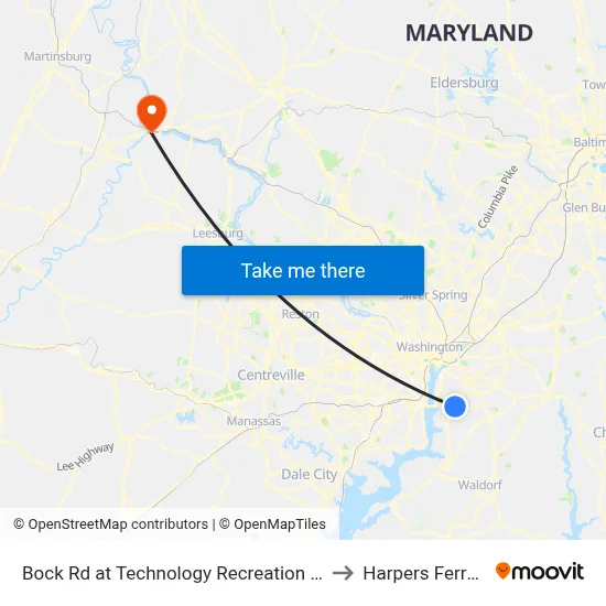 Bock Rd at Technology Recreation Complex to Harpers Ferry, WV map