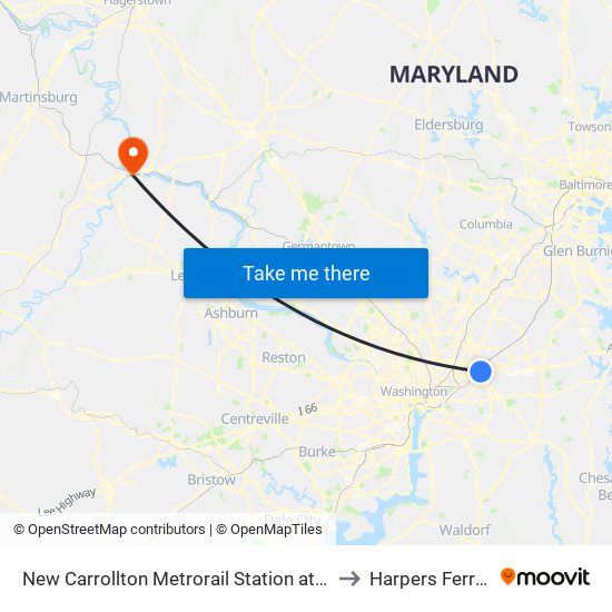 New Carrollton Metrorail Station at Bus Bay F to Harpers Ferry, WV map