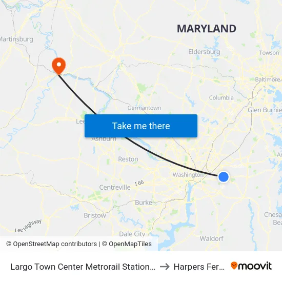 Downtown Largo Metrorail Station at Bus Bay F to Harpers Ferry, WV map