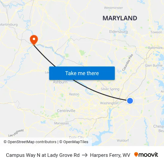 Campus Way N at Lady Grove Rd to Harpers Ferry, WV map