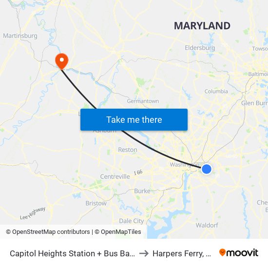 Capitol Heights Station + Bus Bay B to Harpers Ferry, WV map