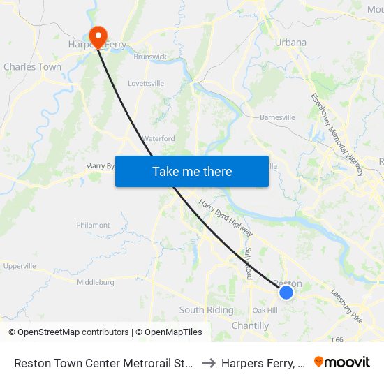 Reston Town Center Metrorail Station to Harpers Ferry, WV map