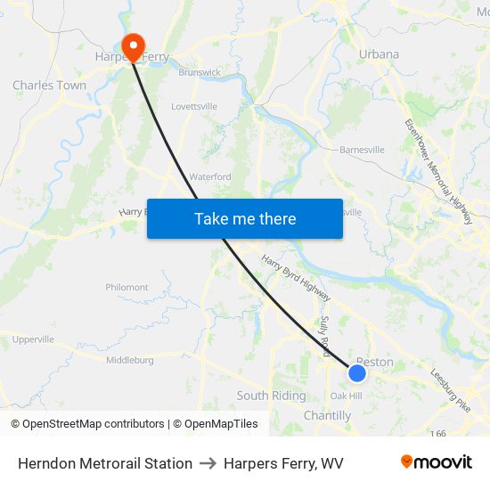 Herndon Metrorail Station to Harpers Ferry, WV map