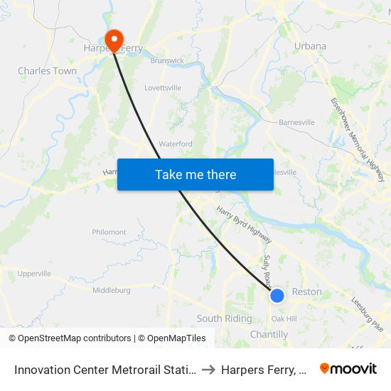 Innovation Center Metrorail Station to Harpers Ferry, WV map
