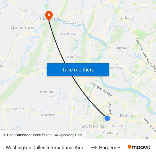 Washington Dulles International Airport Metrorail Station to Harpers Ferry, WV map