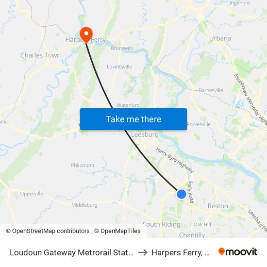 Loudoun Gateway Metrorail Station to Harpers Ferry, WV map