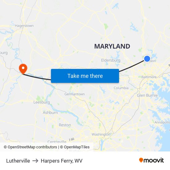 Lutherville to Harpers Ferry, WV map