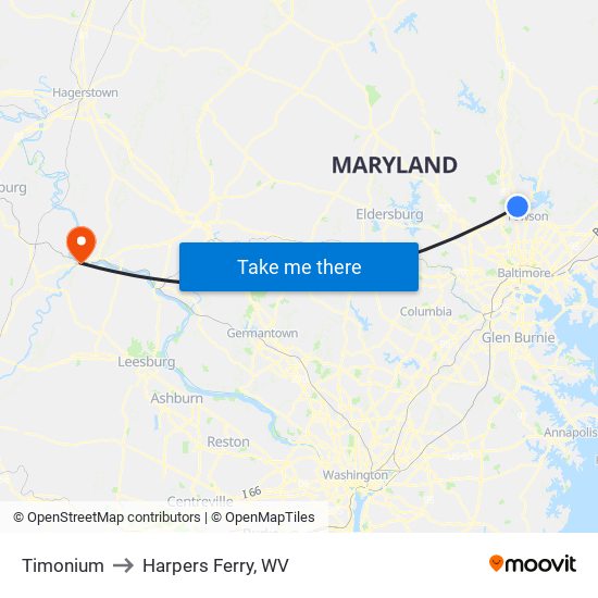 Timonium to Harpers Ferry, WV map