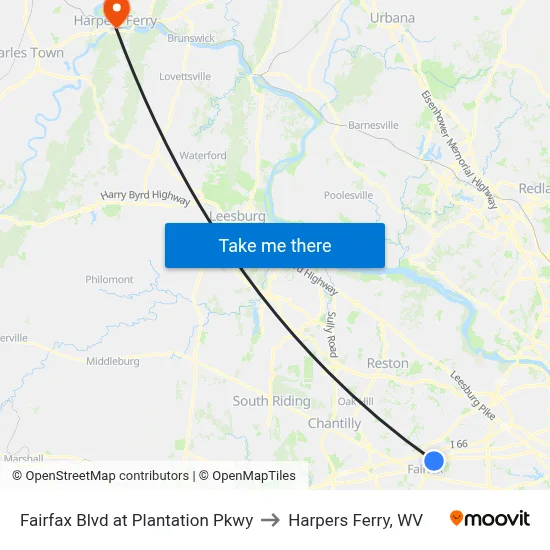 Fairfax Blvd at Plantation Pkwy to Harpers Ferry, WV map