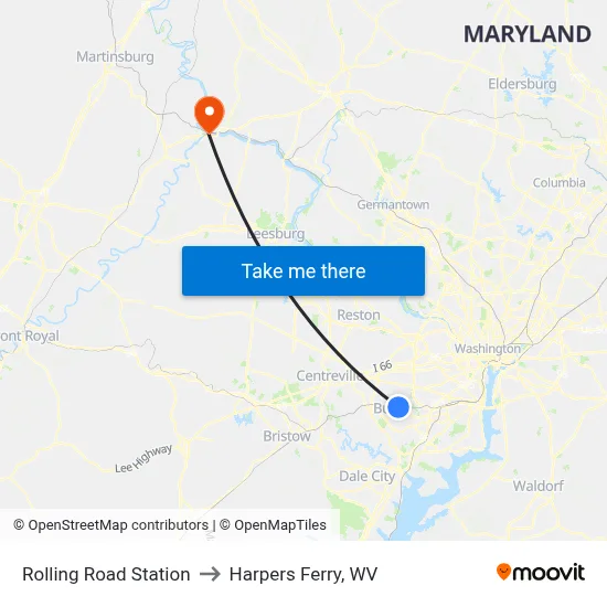 Rolling Road Station to Harpers Ferry, WV map