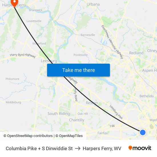 Columbia Pike + S Dinwiddie St to Harpers Ferry, WV map