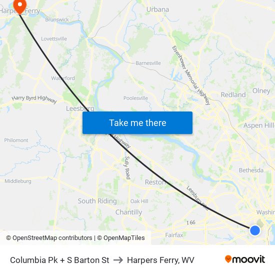 Columbia Pk + S Barton St to Harpers Ferry, WV map