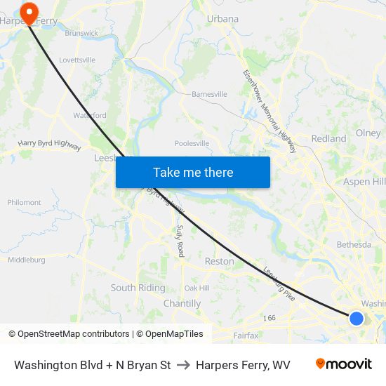 Washington Blvd + N Bryan St to Harpers Ferry, WV map