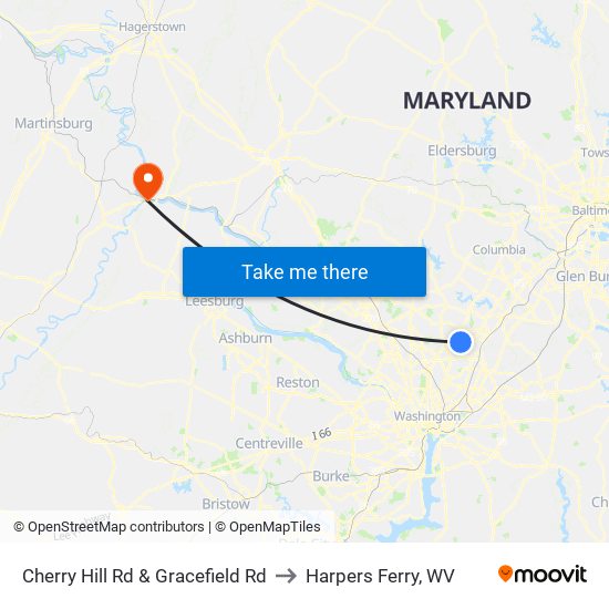 Cherry Hill Rd & Gracefield Rd to Harpers Ferry, WV map