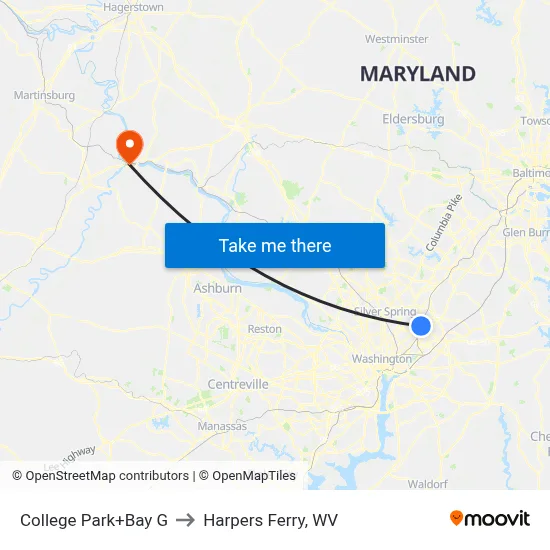 College Park+Bay G to Harpers Ferry, WV map