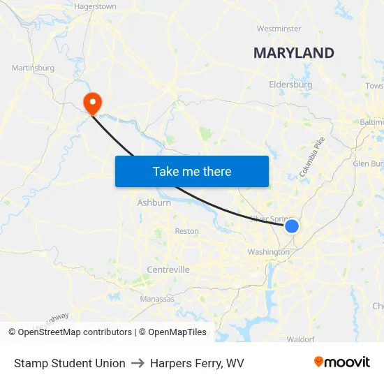 Stamp Student Union to Harpers Ferry, WV map