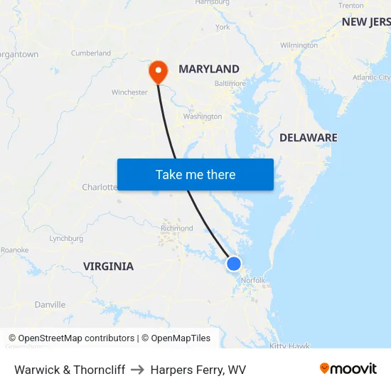 Warwick & Thorncliff to Harpers Ferry, WV map