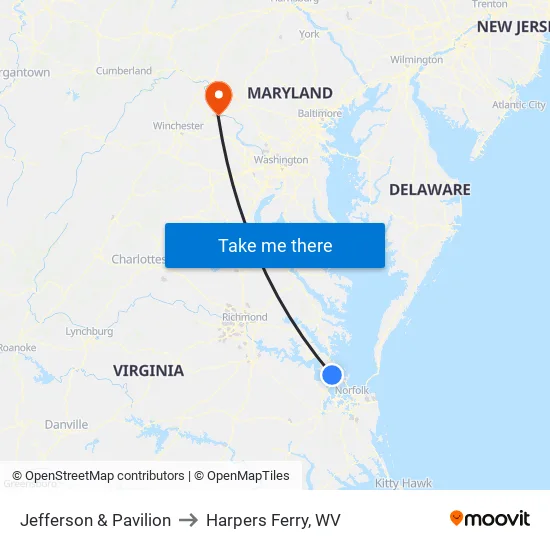 Jefferson & Pavilion to Harpers Ferry, WV map