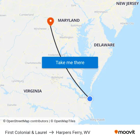 First Colonial & Laurel to Harpers Ferry, WV map