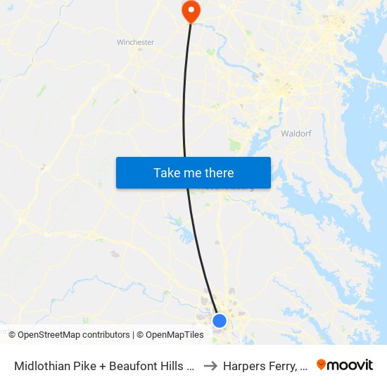 Midlothian Pike + Beaufont Hills Drive to Harpers Ferry, WV map