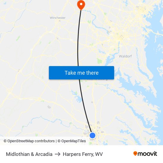 Midlothian & Arcadia to Harpers Ferry, WV map