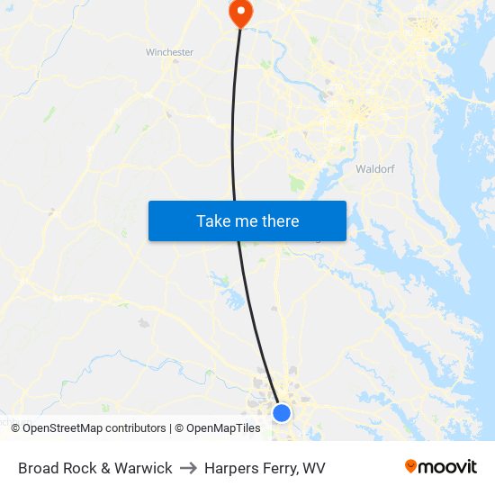 Broad Rock & Warwick to Harpers Ferry, WV map