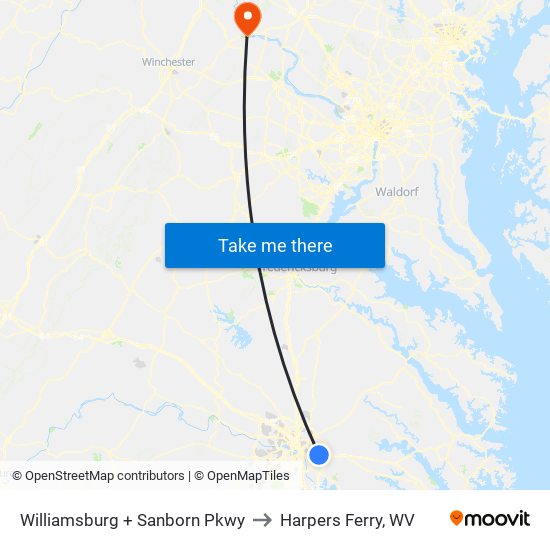 Williamsburg + Sanborn Pkwy to Harpers Ferry, WV map