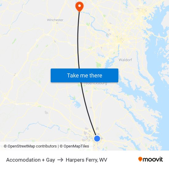 Accomodation + Gay to Harpers Ferry, WV map