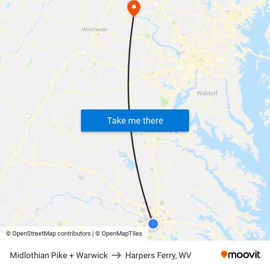 Midlothian Pike + Warwick to Harpers Ferry, WV map