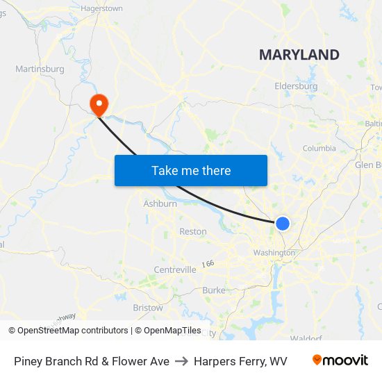 Piney Branch Rd & Flower Ave to Harpers Ferry, WV map