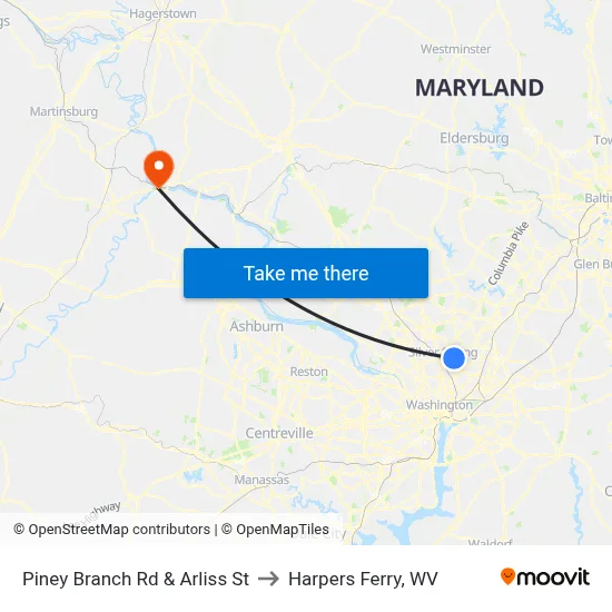 Piney Branch Rd & Arliss St to Harpers Ferry, WV map