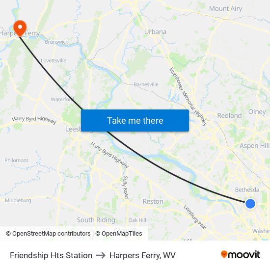 Friendship Hts Station to Harpers Ferry, WV map