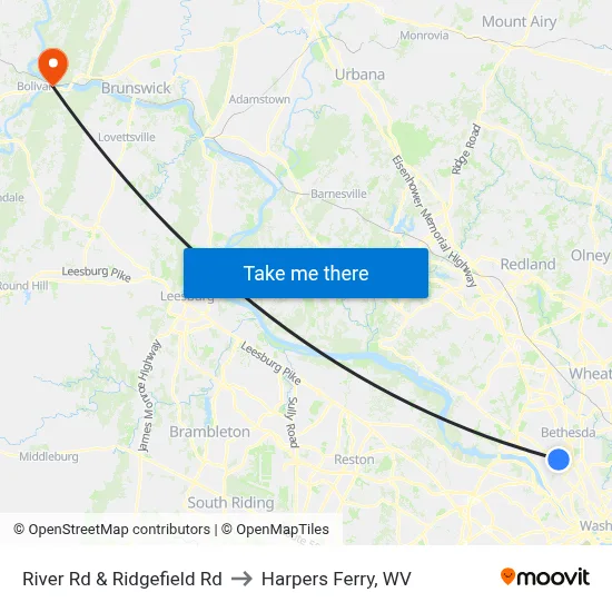River Rd & Ridgefield Rd to Harpers Ferry, WV map