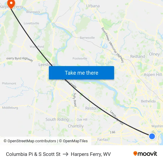 Columbia Pi & S Scott St to Harpers Ferry, WV map