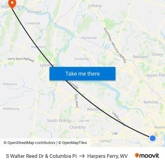 S Walter Reed Dr & Columbia Pi to Harpers Ferry, WV map