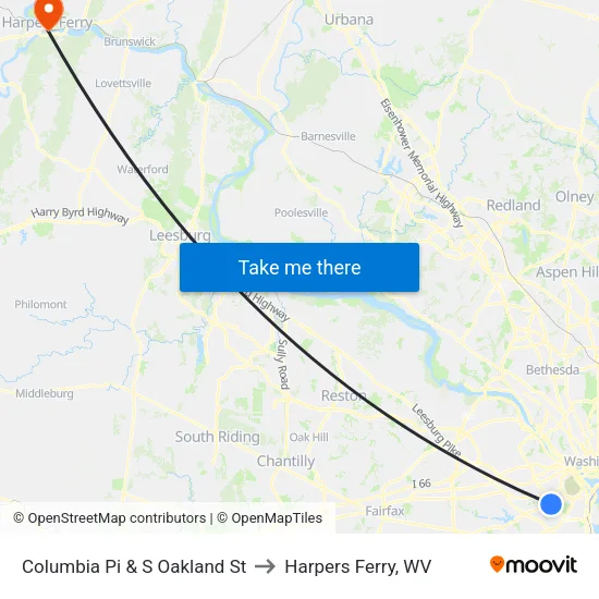 Columbia Pi & S Oakland St to Harpers Ferry, WV map